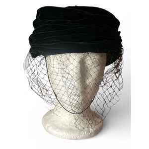 Vintage Adolfo II Black Velvet Turban Hat w Veil New York Paris 1960s